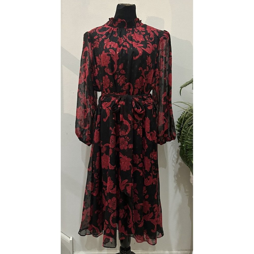 NWT Jessica Howard Women's Red Black Ruffled Neck Floral Midi Dress Size 22W